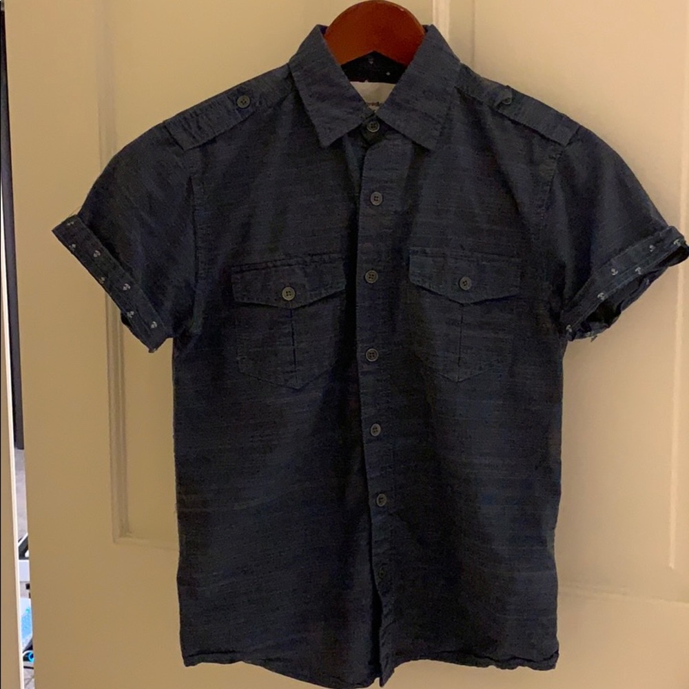 Boys navy blue button down shirt sleeve shirt